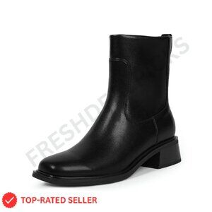 Chunky Square Toe Ankle Boots Low Heel Side Zipper Stretch Faux Leather